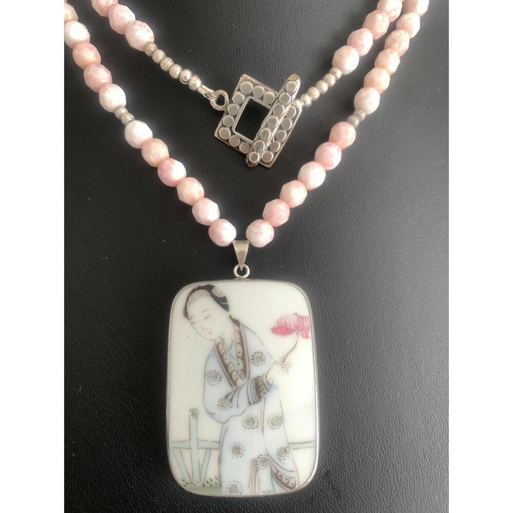 Vintage Chinese Porcelain Shard Necklace, Sterling & Pink Czech Glass - Picture 6 of 9